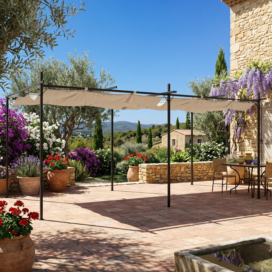 Pergola Aluminium Toit Rétractable 589 x 292 cm — Anti-UV Crème