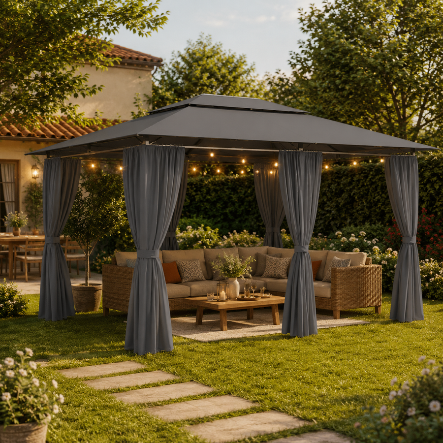 Tonnelle de Jardin 4x3 m avec Rideaux — Acier, Toit Venté
