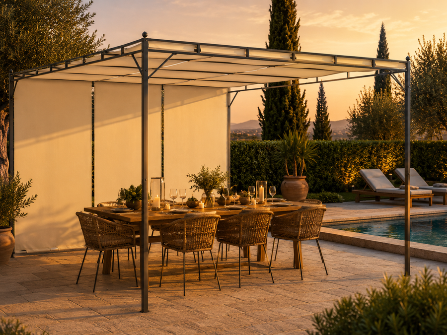 Belvédère de Jardin 4x3 m avec Rideau Latéral — Toit Ouvrant Acier