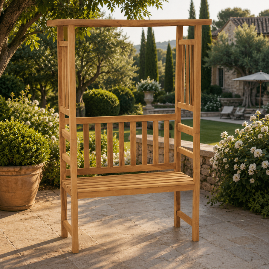 Banc de Jardin Teck Massif avec Pergola — Support Rosiers 115 cm